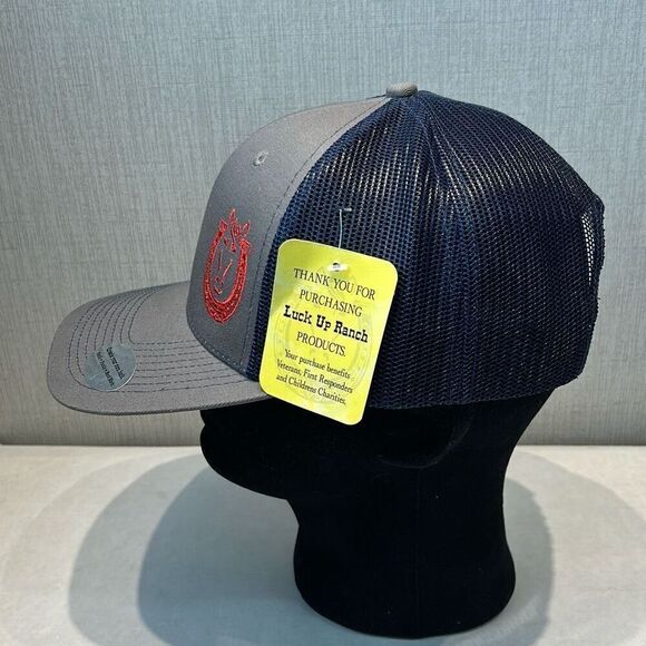 NEW Luck Up Ranch Trucker Hat Cap Gray Blue Mesh Snapback Horseshoe Horse Red Em - Picture 3 of 10